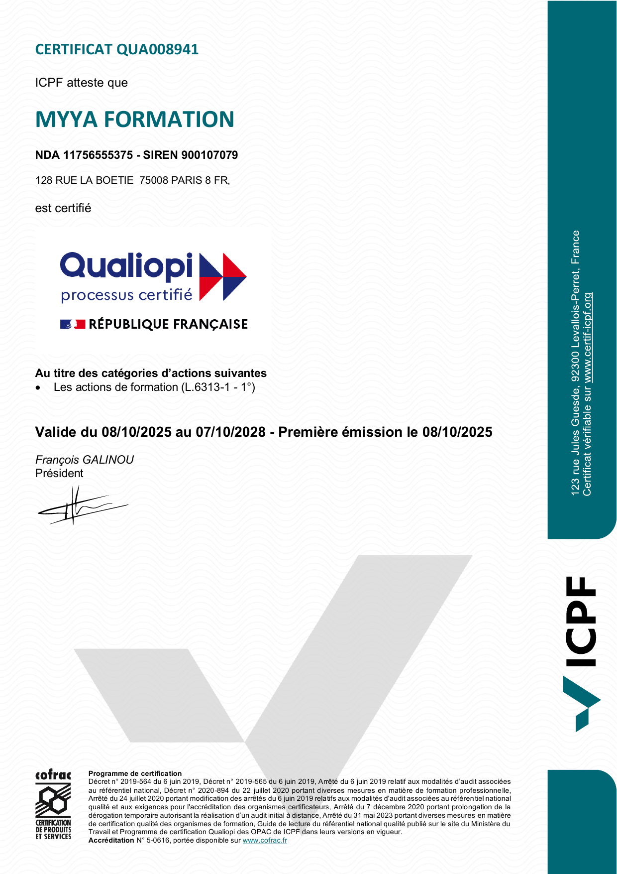 Certificat Qualiopi MYYA FORMATION